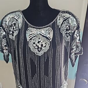 Vintage black short sleeve sequin holiday top size medium